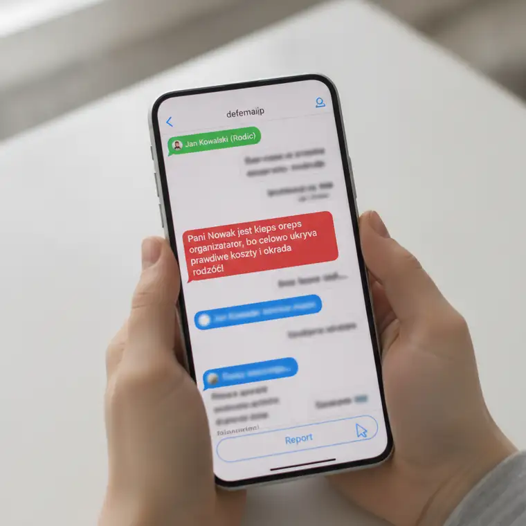 Rodzic trzyma telefon z otwartą grupą WhatsApp, na ekranie widać napiętą rozmowę między rodzicami z elementami zniesławienia w klasie