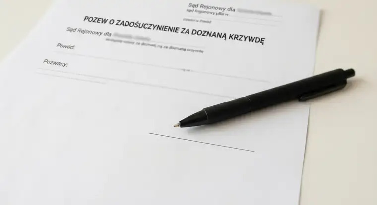 Pozew o zadośćuczynienie za doznaną krzywdę wzór z danymi stron, kwotą żądania i podpisem w dokumencie
